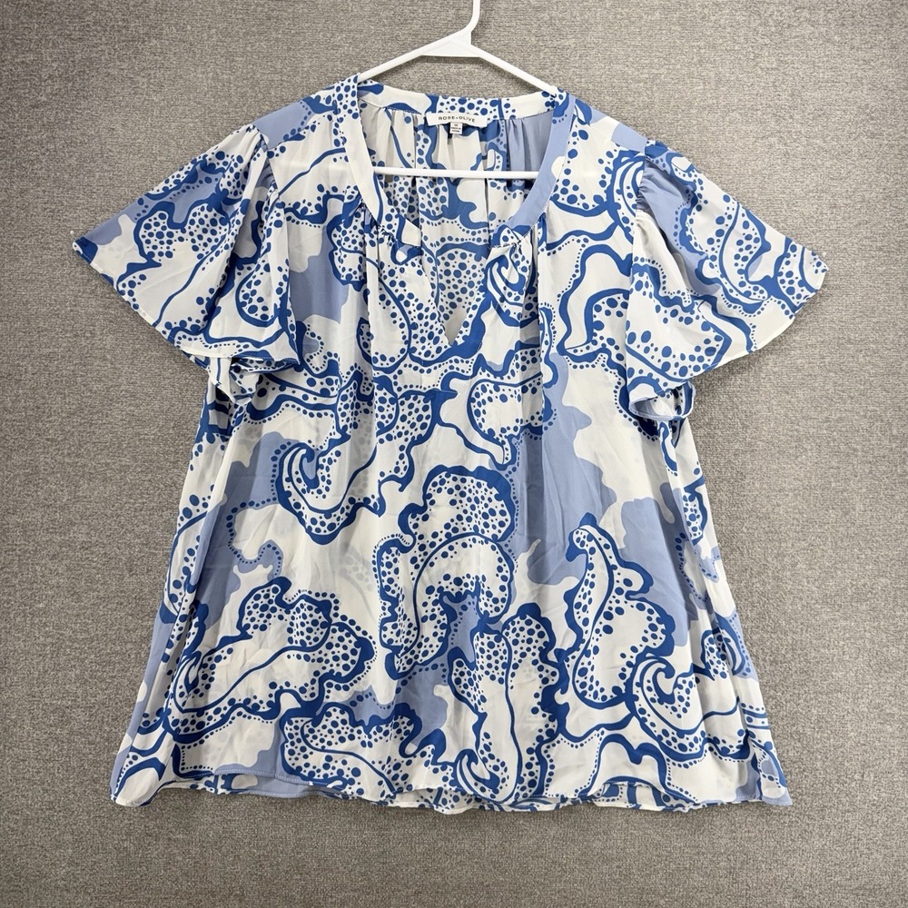 Rose + Olive Blouse Top Women Size 1X Blue Floral Short Sleeve Casual